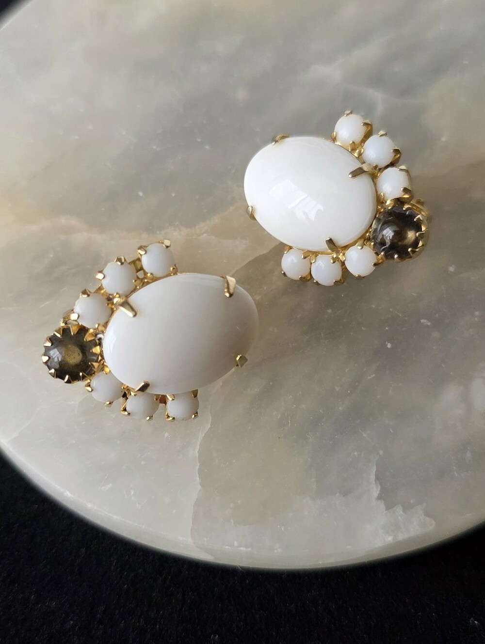 Vintage Milk Glass Clip-on Earrings With Smoky Accent Hollywood Regency Style